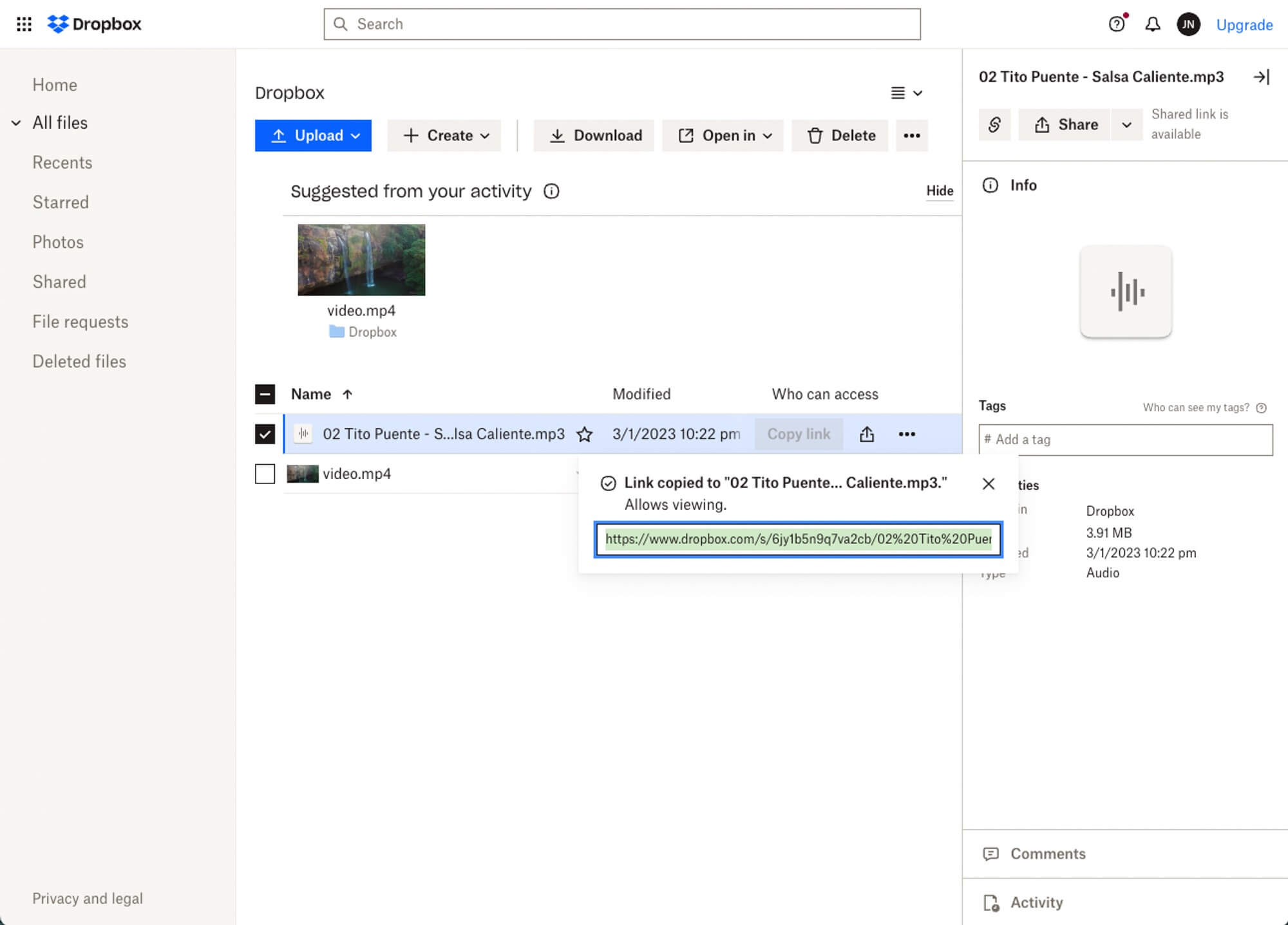 Dropbox Sending audio files via Dropbox