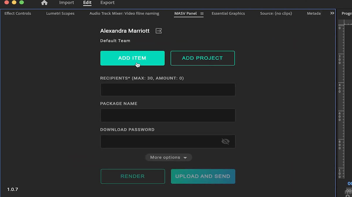 MASV Panel A mouse hovers over the Add Item button from the MASV Panel for Premiere Pro window