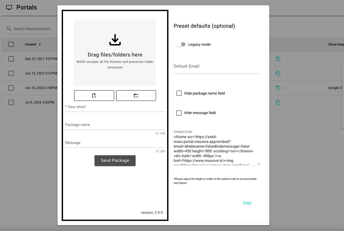 MASV-portal-embed-ui Generating an embed link