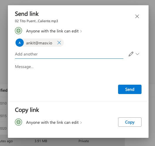 Pop-up window Sending the link with OneDrive