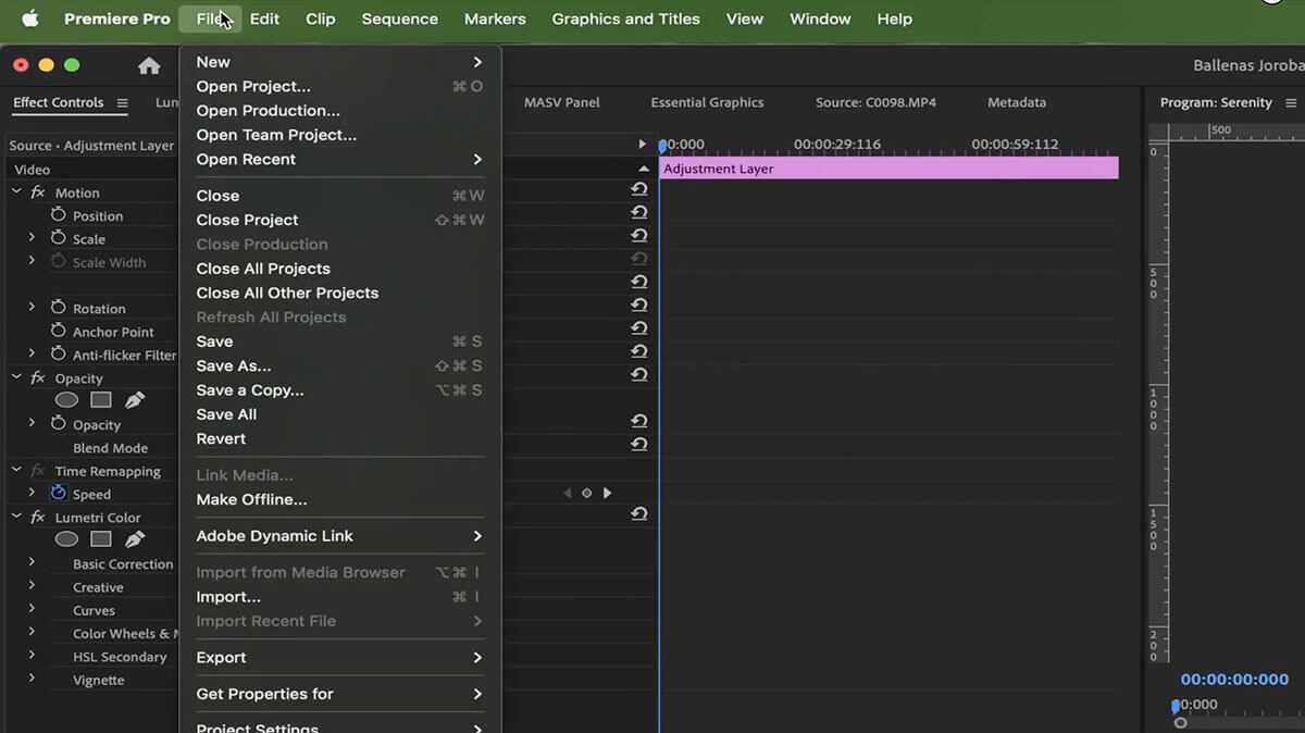 Premiere Pro Adobe Project Manager menu item