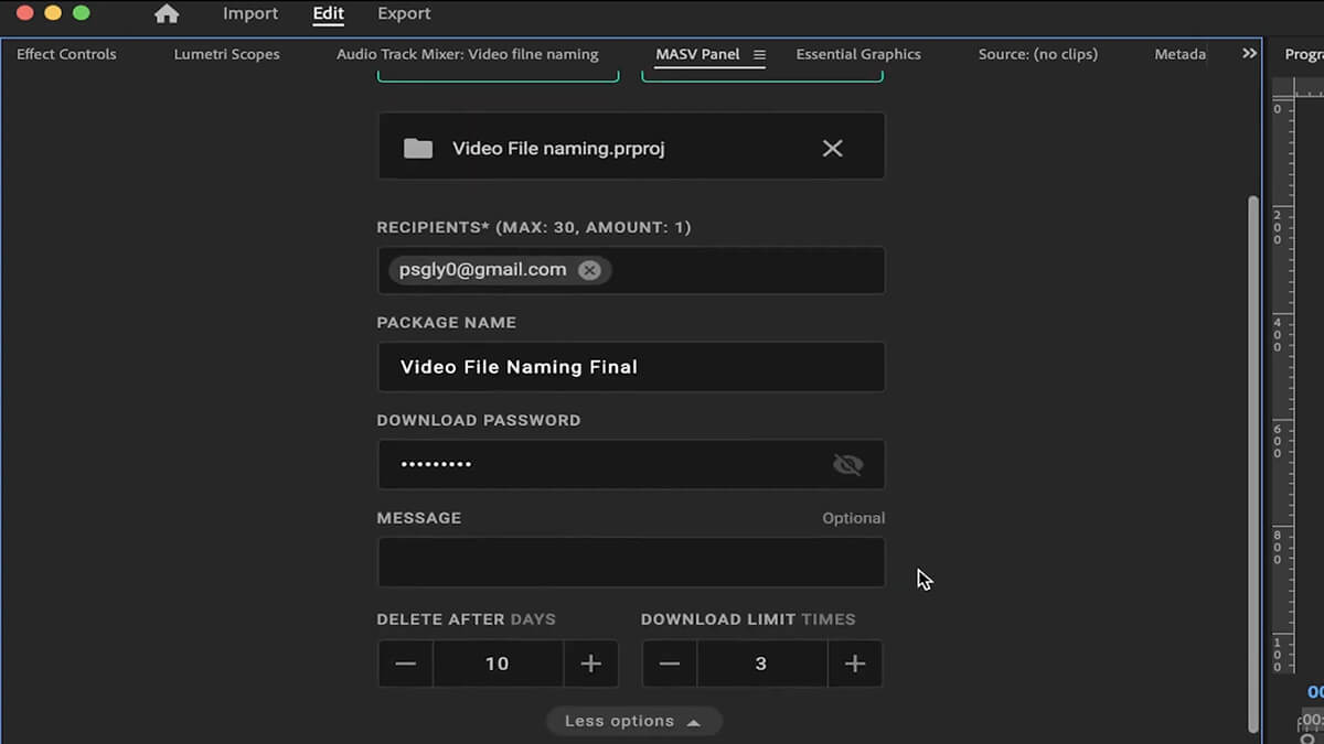 Premiere project Adding a password to a file in the MASV Panel for Premiere Pro