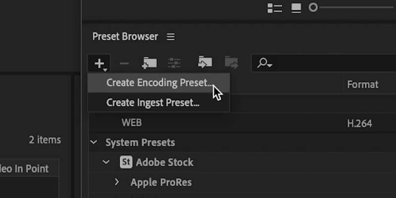 Proxy-editing-encoding-preset a computer mouse hovers over an encoding preset option in Adobe Media Encoder
