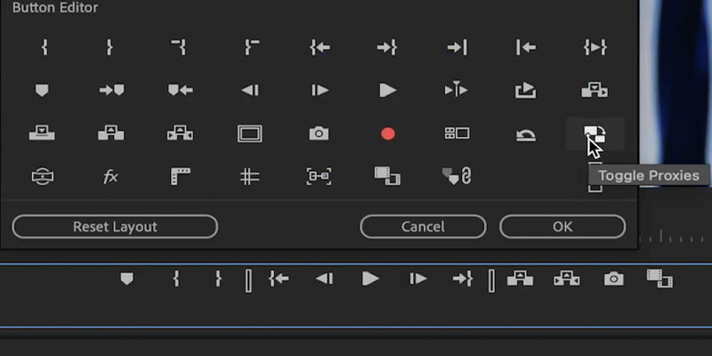 Proxy-editing-toggle-proxies a computer mouse overs over toggle video proxies button in Adobe Premiere Pro