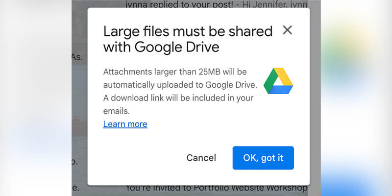 send-large-files-email-Google-Drive-max file Popup window in Gmail saying Large files must be shared with Google Drive