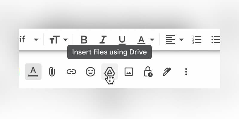 send-large-files-email-insert-from-drive Mouse hovering over insert files using Google Drive button