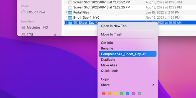 send-large-files-zipping A mouse hovering over the compress option on MacOS
