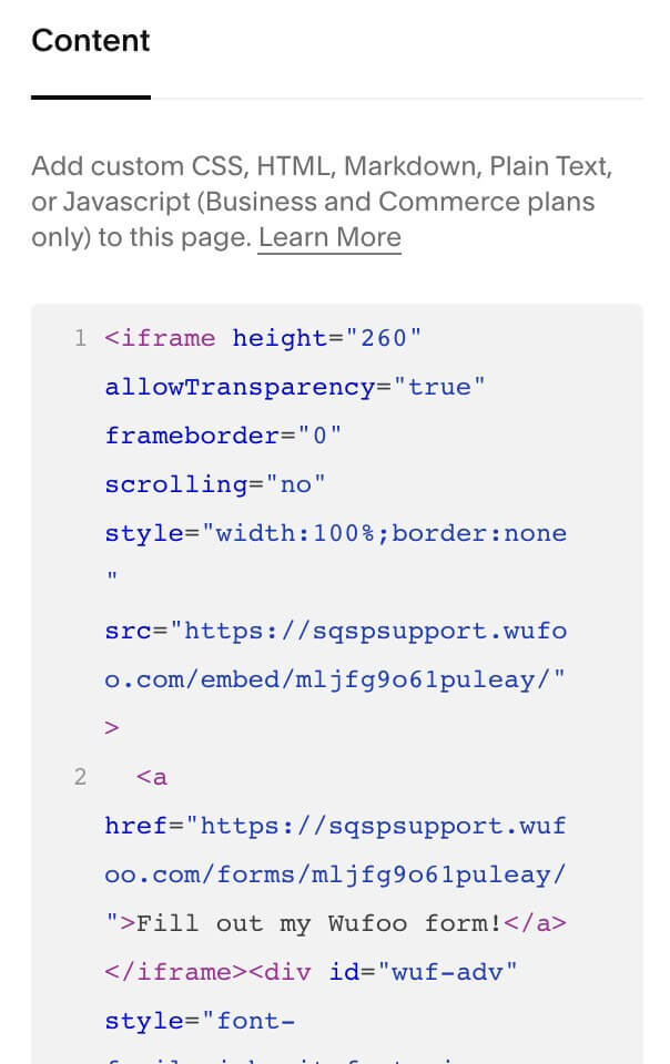 Wufoo code Adding a Wufoo code to a Squarespace website