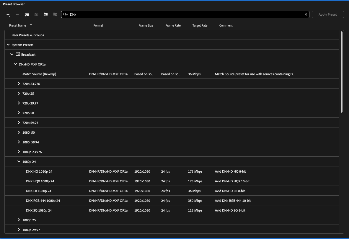 Adobe Media Encoder DNxHR Presets Encoder DNxHR Presets