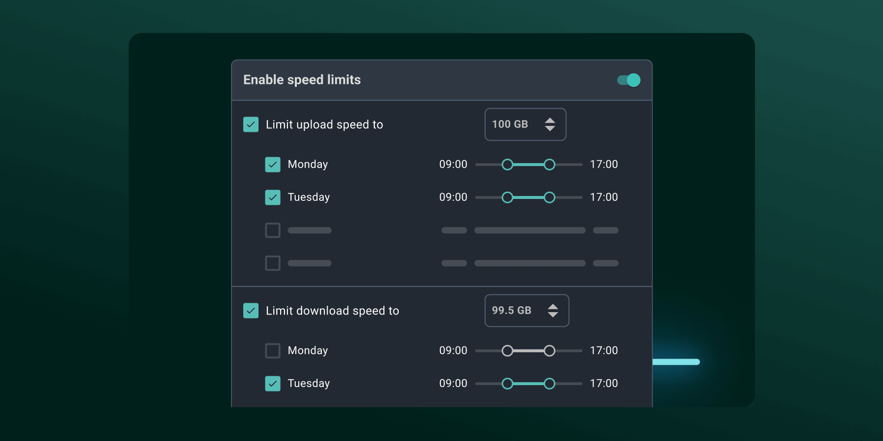 Bandwidth limit Speed limits in MASV let you control mbps throughout the week