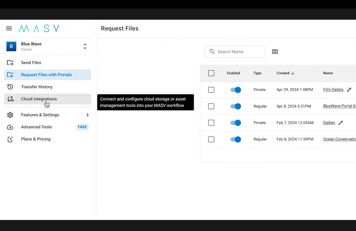 Cloud integrations tab MASV portals Placeholder image