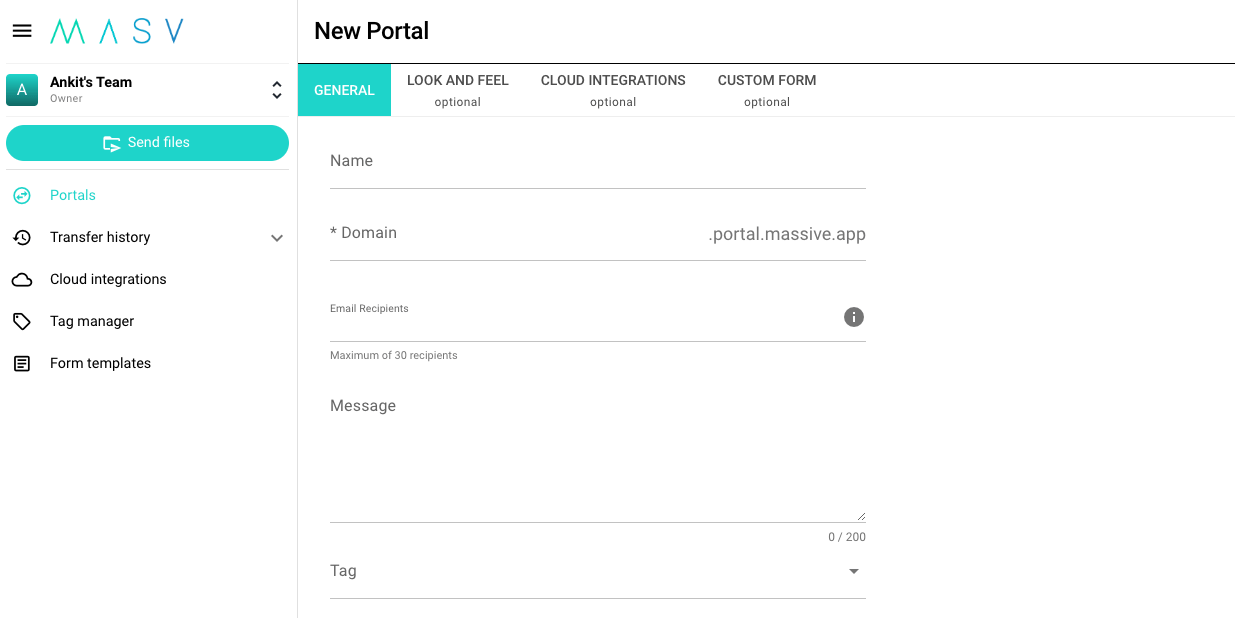 MASV Create a Portal Creating a New Portal in the top right corner