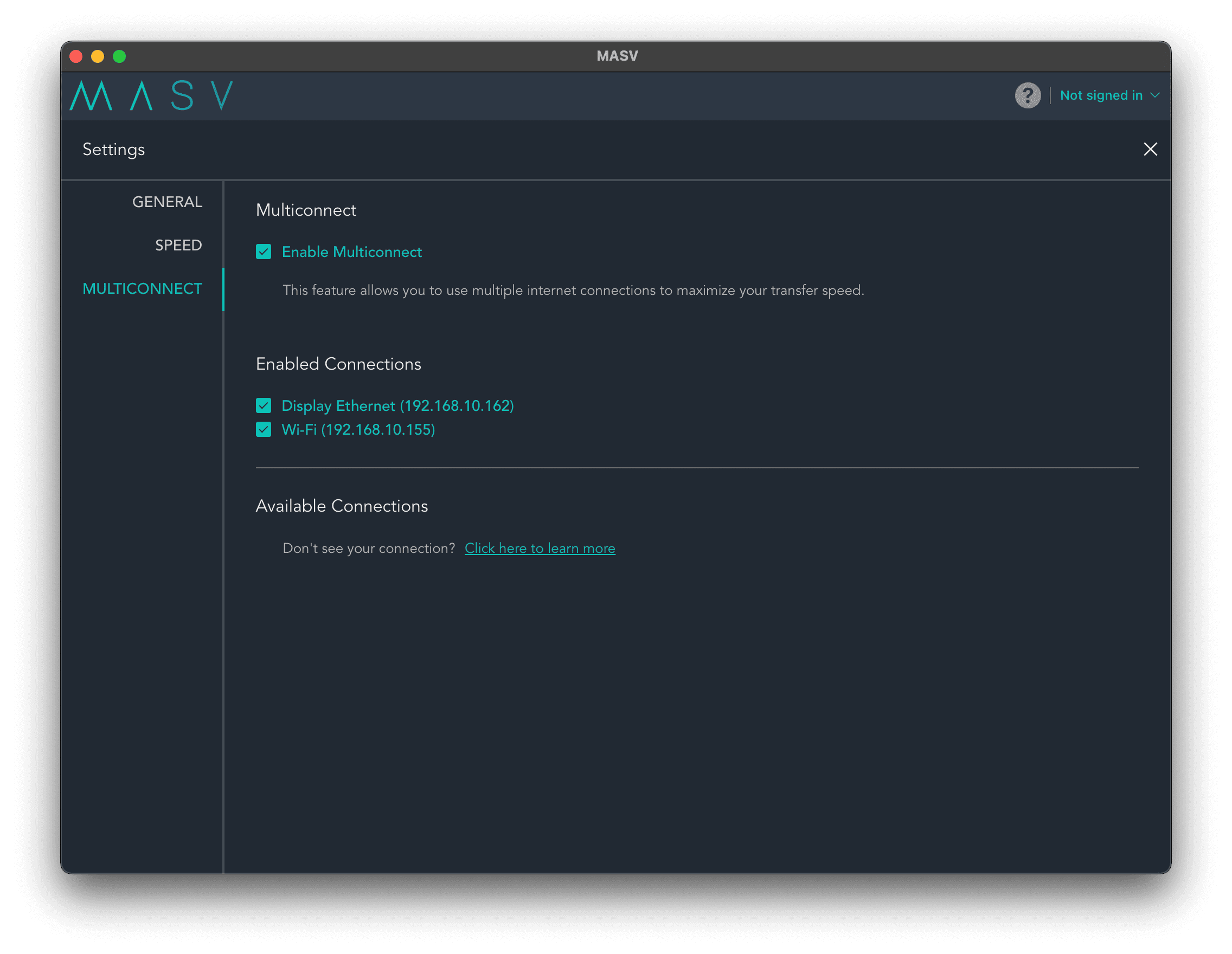 MASV Multiconnect file transfer - available connections MASV Multiconnect available connections